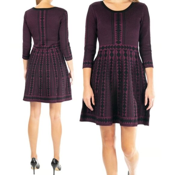 NWOT Nina Leonard Burgundy & Black Geometric Print Fit & Flare Dress With 3/4 Sl - Picture 1 of 4